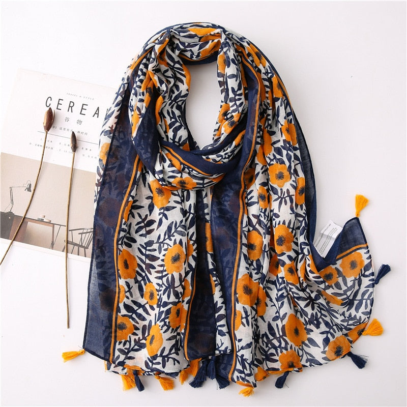 2022 Spain Fashion Daisy Floral Tassel Viscose Shawl