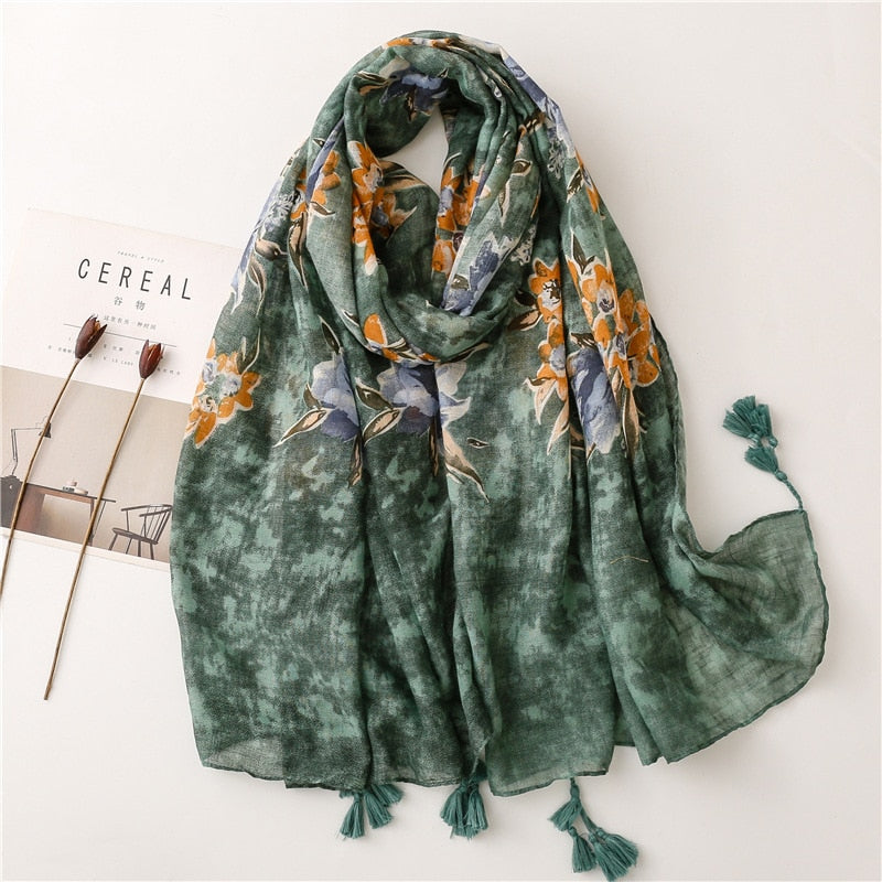 2022 Spain Fashion Daisy Floral Tassel Viscose Shawl